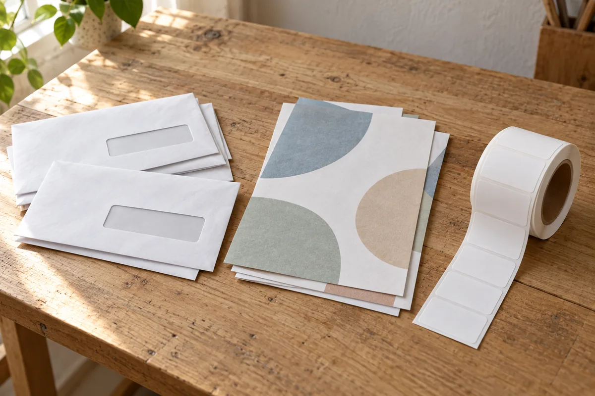 Example still life on a wooden table: white window envelopes, a stack of sheets printed with soft colored shapes, and a roll of blank paper labels.